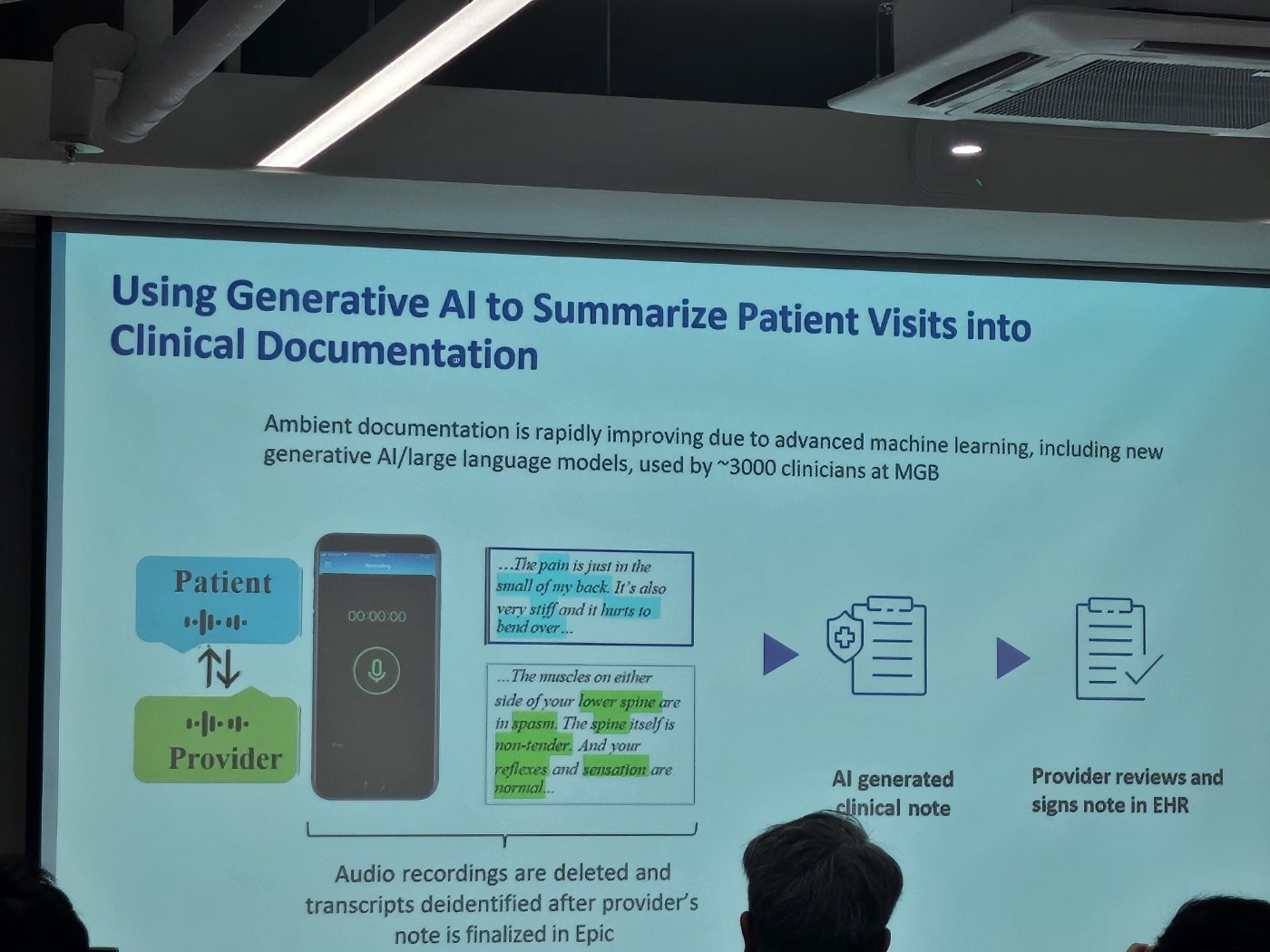 MGB의 AI 진료 기록 생성과 의료진 검토 및 데이터 처리 흐름