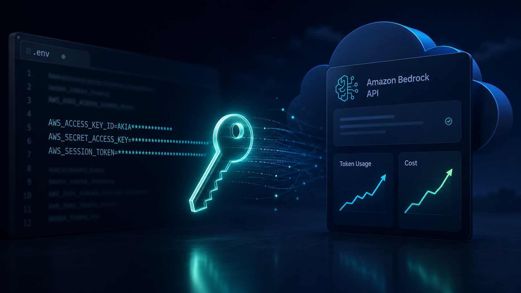 노출된 AWS 자격 증명과 Amazon Bedrock API 호출량·비용 증가 위험을 표현한 보안 이미지